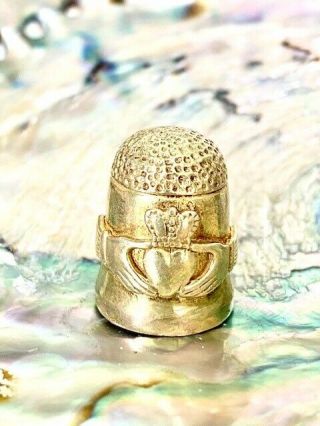 Claddagh Hallmarked Thimble With Hands Holding Crowned Heart.