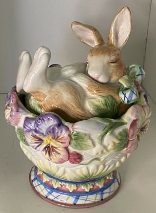 Fitz & Floyd Halcyon Sleeping Bunny Rabbit Pansies W/bunny Lid