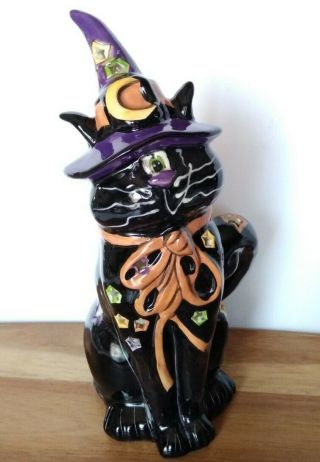 Blue Sky Clay Goldminc Halloween Tealight Candle Holder Black Cat Witch