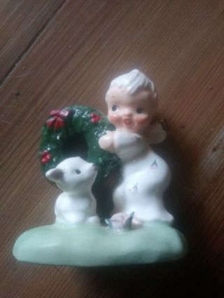 1956 Napco Itsy Bitsy Christmas Angel Figurine With Wreath And Lamb - 3 Inch