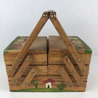 Vintage Mexican Hand Painted Hand Made Wood Accordion Style Sewing Box