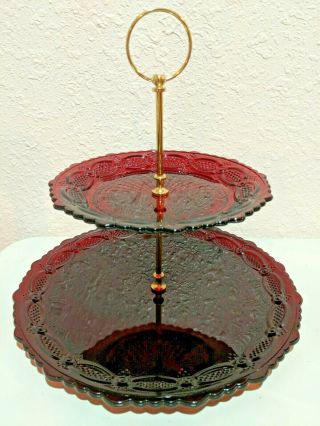 Avon Cape Cod Ruby Red Glass Serving Tray Two Tiered Tidbit Handled