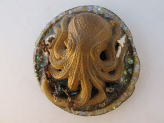 Vegetable Ivory Studio Button,  Octopus With Seaweed And Shells