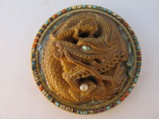 Vegetable Ivory Studio Button,  Dragon With Jade Stones And Pearl