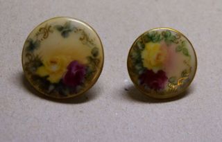 Two Vintage Hand Painted Ceramic Porcelain Buttons Or Studs Sewing Fabric Smock