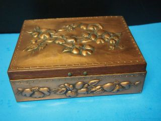 Vintage Wood Sewing Box Lined And Plated With Hand Crafted Metal Fruit 1