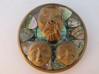 Vegetable Ivory Studio Button,  Carved Faces With Abalone Inlay