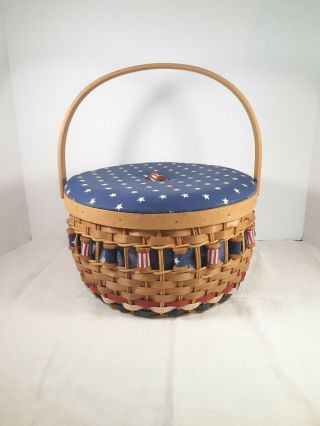 Patroitic Round Woven Sewing Basket With Lid,  Fabric Lined