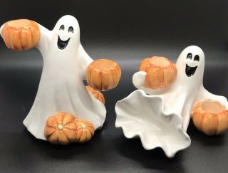Vintage Fitz & Floyd Halloween Pair Ghost & Pumpkin Candlesticks Candle Holders