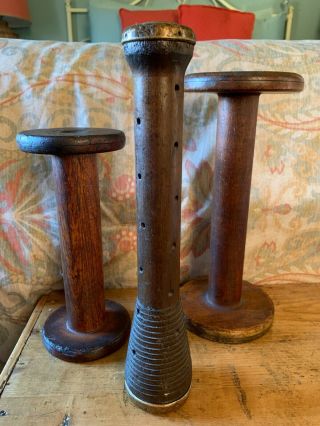 3 Large Antique Vintage Wooden Industrial Mill Factory Bobbins Or Spools