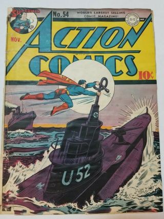 Action Comics 54 (cover Only) Nazi Wwii War Cover Superman Dc 1942 Gd,