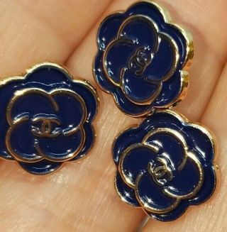 3 Cc Chanel Camellia Flower Buttons Navy Blue And Gold,  12 Mm,  Tiny Cute Buttons