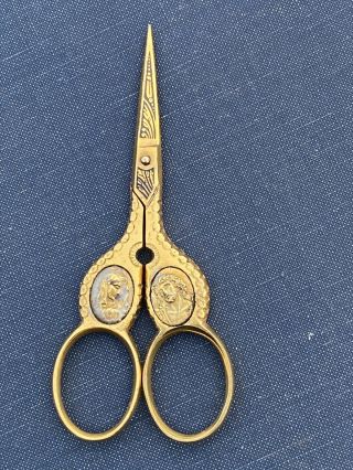 Vintage Gold Tone Toledo Embroidery Sewing Scissors Religious Mary Jesus Rare