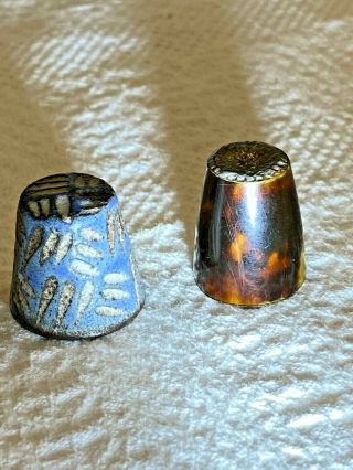 Four Vintage Thimbles: Ceramic And Tortoise Shell