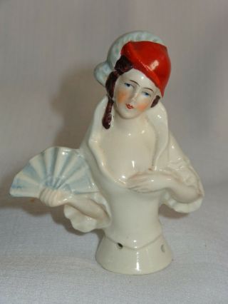 Antique German Bisque Porcelain Half Doll With Fan For Pin Cushion 4345