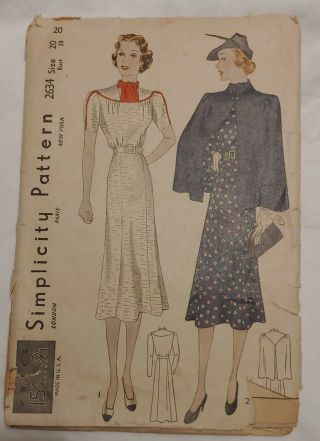 1930s Vintage Simplicity Sewing Pattern 2634 Bust 38 Size 20 Dress And Cape