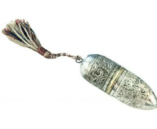 Antique Sewing Etui Silver Plated & Tassle Chord Thimble Cottons Needles C1900