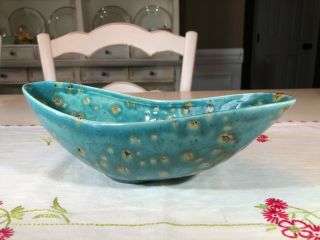 Vintage Mid Century Modern Turquoise And Brown Speckled Glaze Oval Planter/bowl