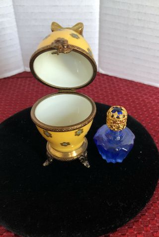 Peint Main Limoges Trinket - Egg Shaped Box With Cobalt Perfume Decanter 2