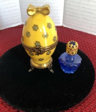 Peint Main Limoges Trinket - Egg Shaped Box With Cobalt Perfume Decanter 3