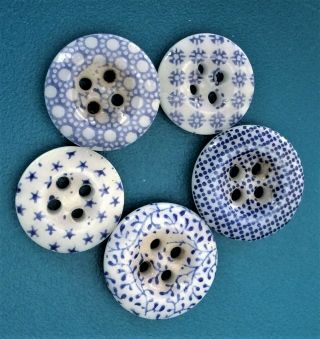 Antique - Mid 1800s Calico China Buttons - Blue Patterns