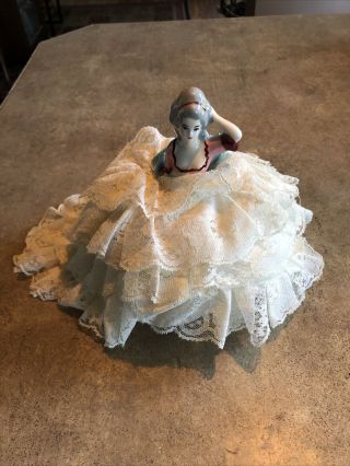 Vintage Doll Pin Cushion Ceramic With Dress Victorian Lady Antique