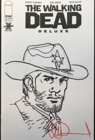 The Walking Dead Deluxe 1 Blank Cover W/rick Sketch & Signed By Charlie Adlard