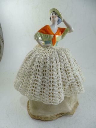 Antique Porcelain Pin Cushion Half Doll Art Deco Flapper Girl Lady Figurine Vtg