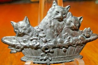 Old French Antique 1 1/2 " Button " Basket Of Kitty Cats " Realistic Vintage Metal