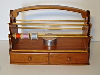 Vintage Wooden Sewing Caddy Box 2 Drawers Thread Rods Pin Cushion