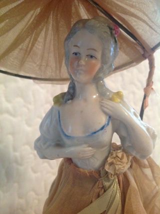 Vtg Porcelain Victorian Half Doll in Long Dress and Umbrella Parasol Pincushion 2