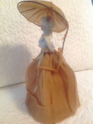 Vtg Porcelain Victorian Half Doll in Long Dress and Umbrella Parasol Pincushion 3