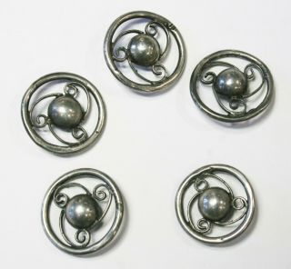 Vintage Sterling Silver Set 5 Triskelion Design Hand Wrought Buttons