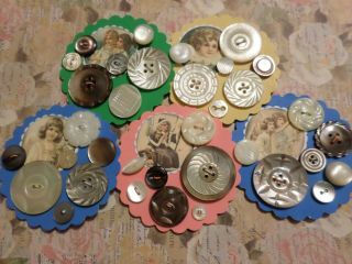 35 Antique Vintage Pearl Buttons On Homemade Cards