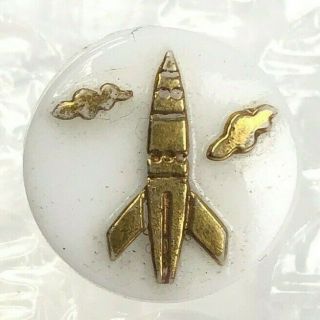 Vintage Sci - Fi Rocket Space Ship Button 1/2 " Porcelain Glass Gold Accents (1)