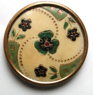 Antique Victorian Celluloid Button Hand Painted Clover & Flowers 7/8 "
