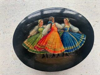 Fedoskino Russian Hand - Painted Paper Mache Lacquer Box Round Dance C.  1950s