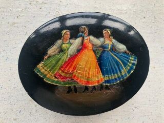 Fedoskino Russian hand - painted paper mache lacquer box Round Dance c.  1950s 2