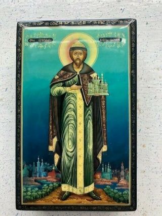 Mstera Russian Hand - Painted Paper Mache Lacquer Box St.  Vladimir Icon