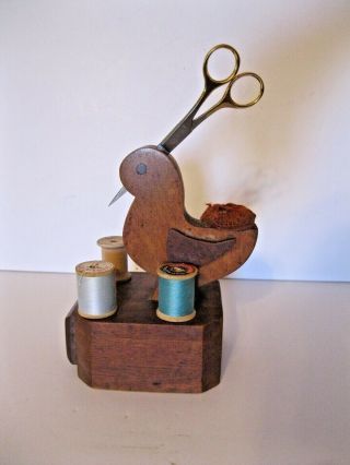 Vintage Small Wooden Sewing Bird Box Drawer Thread Pegs Pin Cushion