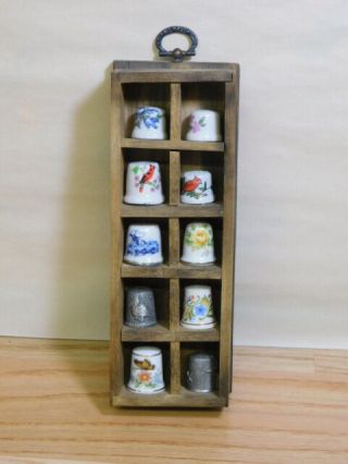 Vintage Assortment Of 10 Thimbles With Wooden Display Case