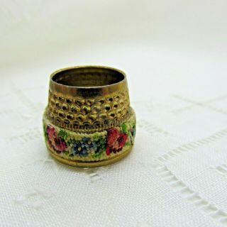 Vintage Open Top Thimble Needlepoint Flowered Band Gold Tone Unique