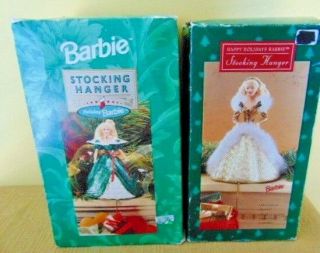 2 Hallmark Barbie Happy Holidays Christmas Stocking Hanger 1995 1996 Gold Green