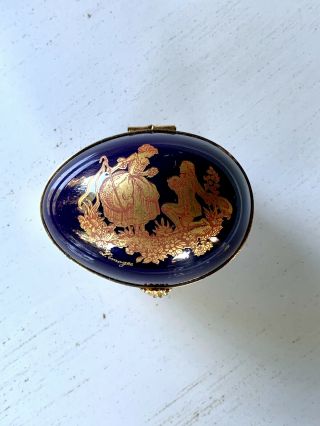Limoges France Cobalt Blue Egg Shaped Hinged Trinket Box W/ Gold Accents Couple