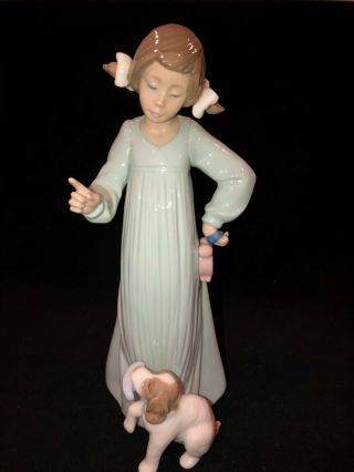 Lladro Nao 1163 " Bad Boy " Girl In Nightgown W/ Puppy & Clock Exc