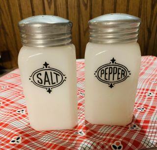 Great Pair Hazel Atlas Milk Glass Deco Style Salt & Pepper Shakers Black Print