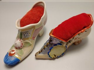 2 Vintage Made In Japan Ceramic Shoes With Red Velvet Pincushions York Fair 1937