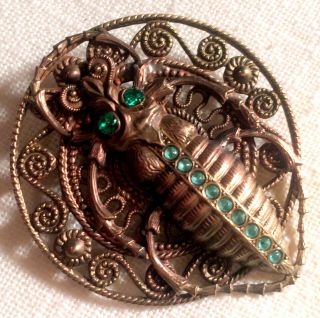 Old Vintage Round Brass Button With Scarab - Signed Czecho