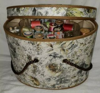 Vintage Oval Floral Cloth Shabby Chic Sewing Box W/ Tray & Notions 920