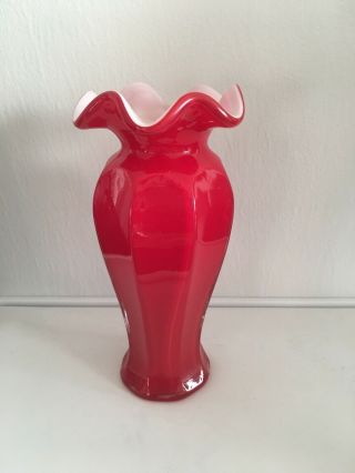 Ruby Red Vase Blown Cased Art Glass 7 1/2 " Ruffle Edges Vase With White Interior